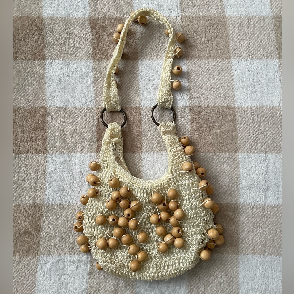 Handcrafted Cream and Tan Beaded Small Shoulder Bag